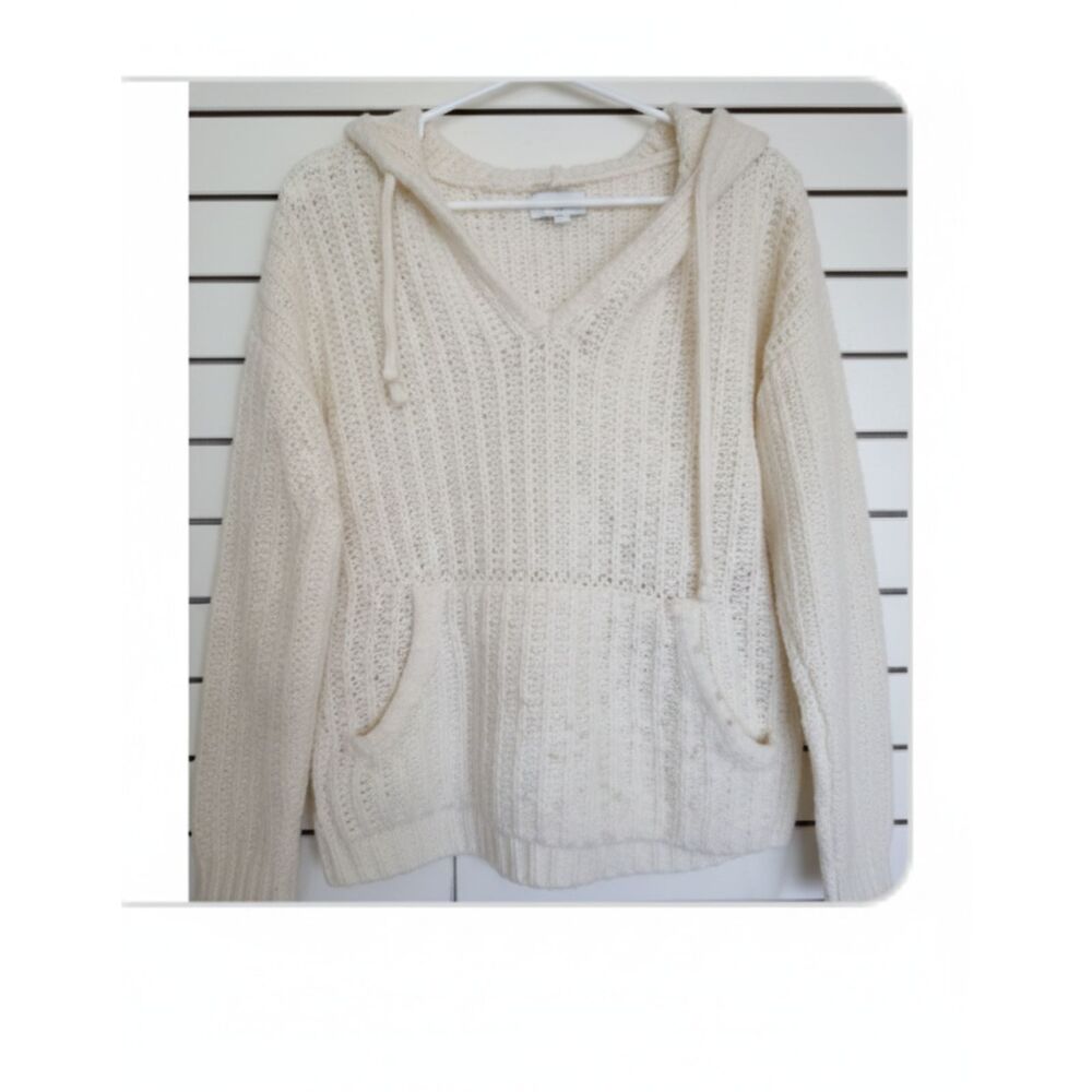 Forever 21 Cream Cable Waffle Knit Hooded Sweater V Neck Kangaroo Pocket Plush M